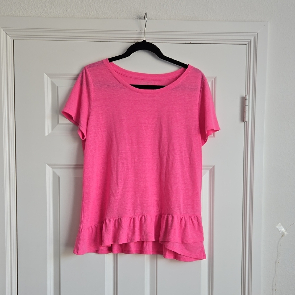 Talbots Bright Pink Short Sleeve Ruffle-Hem Tee